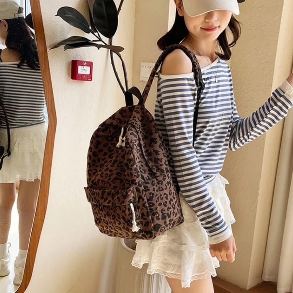 Corduroy Leopard Print Backpack Lightweight Harajuku Students School Bag Large Capacity College Style Students Daypack Daily