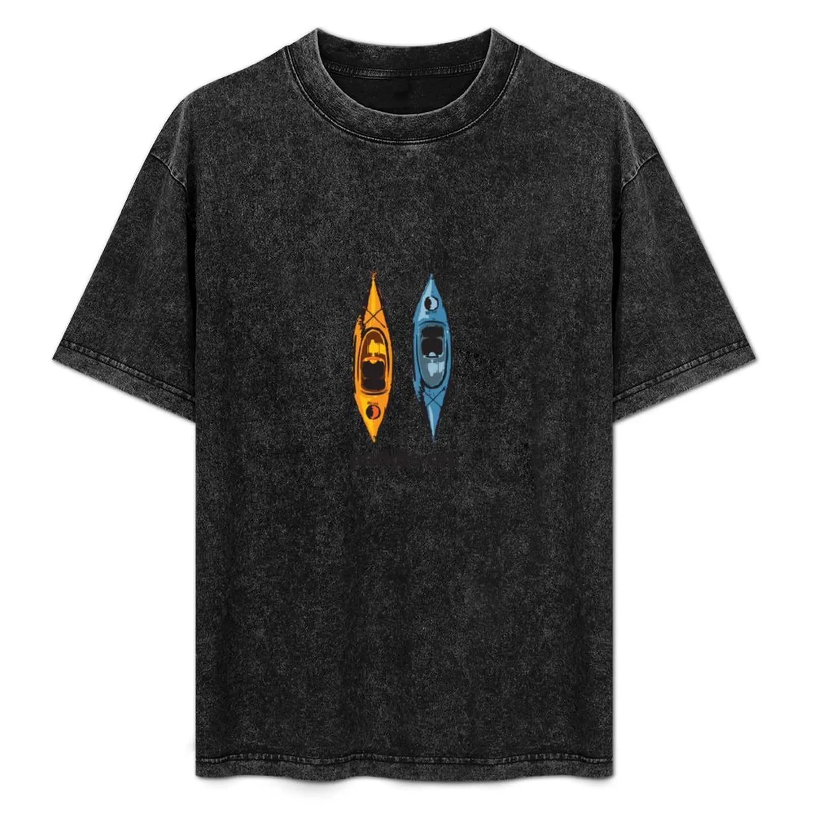 T-shirt con design kayak - con scritta Paddle On - T-shirt casual resistente alle macchie con kayak blu e arancioni