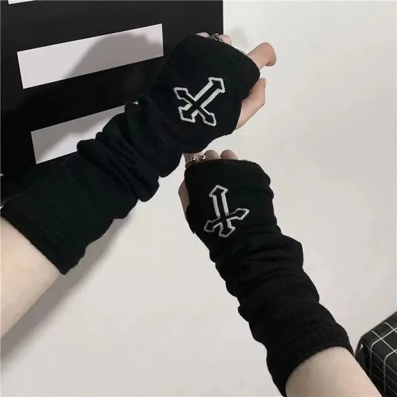 Punk Croce Pentacolo Modello Luna Guanti lunghi senza dita Polsino nero gotico Donna Uomo Ninja Outdoor Cos Guanti a gomito Scaldamuscoli