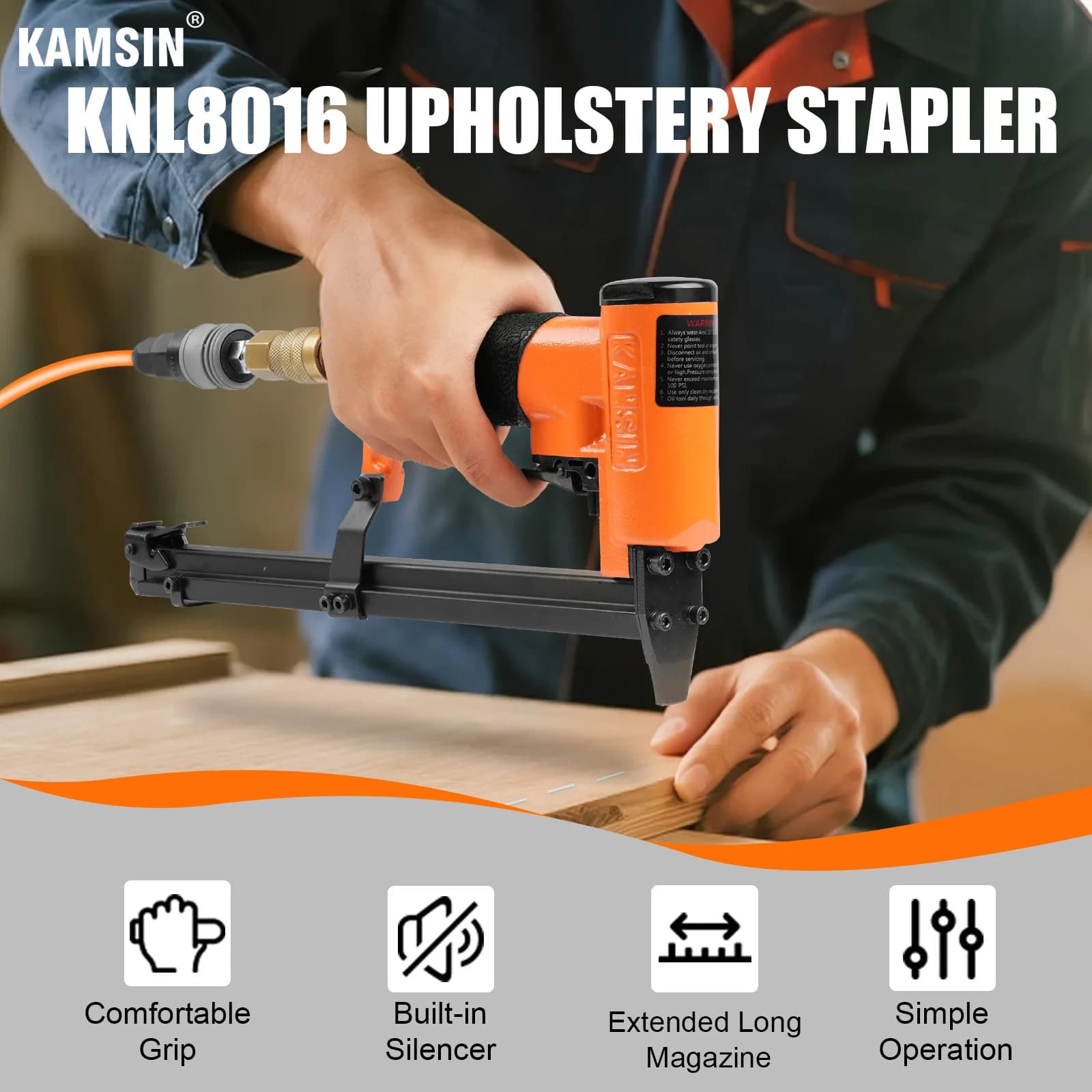 KAMSIN KNL8016 Graffettatrice Pneumatica per Tappezzeria a 21 Gauge con Caricatore Lungo Esteso per Lavorazione del Legno