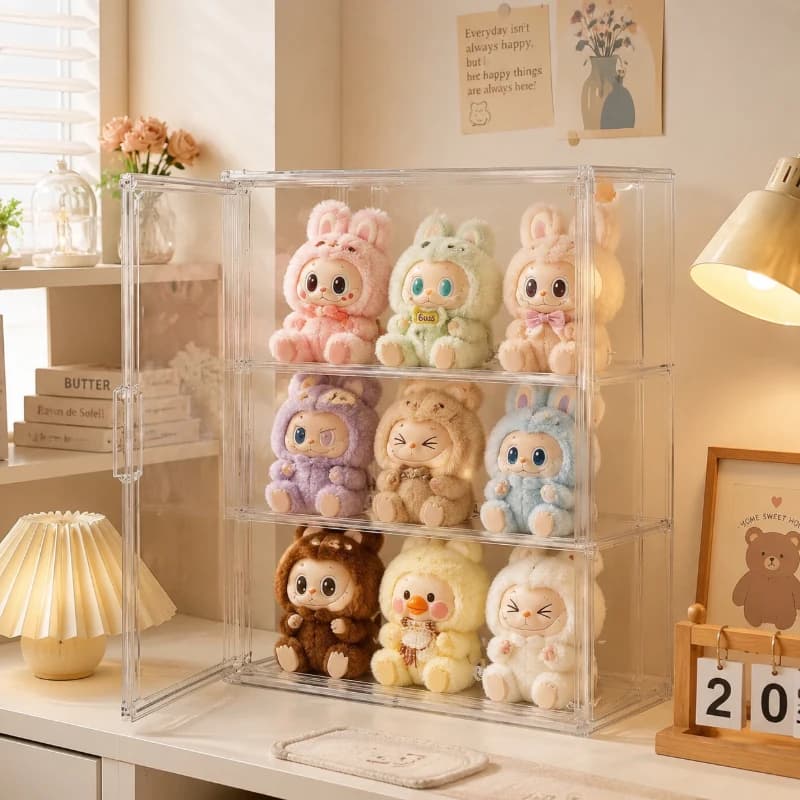 Vetrina Espositiva Trasparente a 3 Livelli, Contenitore Antipolvere a 2 Scomparti per Action Figure Blind Box, Organizzatore per Collezioni Domestiche