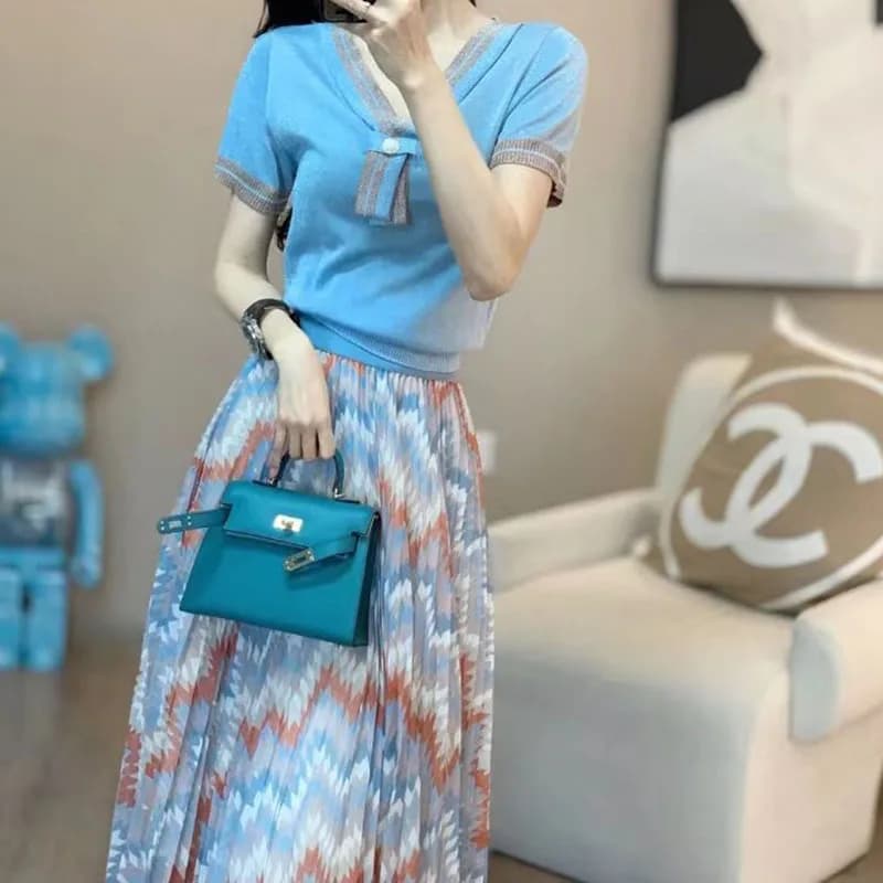Dress shirt blue national style French fashion woman's fashion spring and summer new temperament skirt matching colors in two pieces s