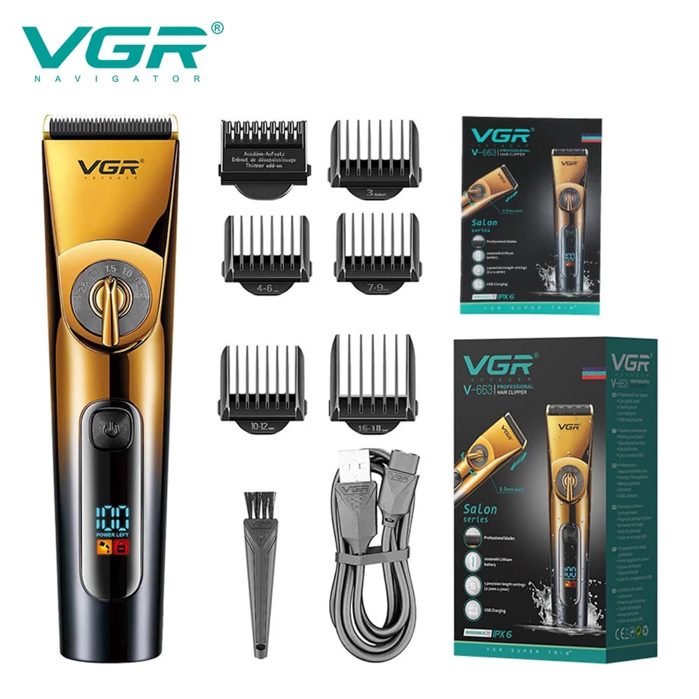 VGR 663 Professional Haircuts IPX6 Electric Haircut Machine Waterproof LED Display Barbiere Trimmer for Men