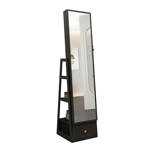 Black Standing Jewelry Organizer With Full-Length Mirror, Rotating Lockable Design, Built-In Lighting, Drawer And Open Shelves