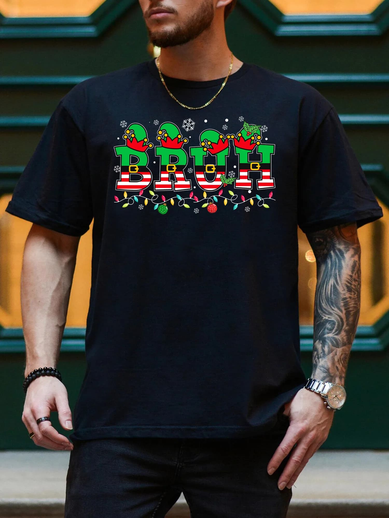 T-shirt grafica da uomo Christmas Bruh, t-shirt nera casual in cotone 100%, maglietta girocollo leggera