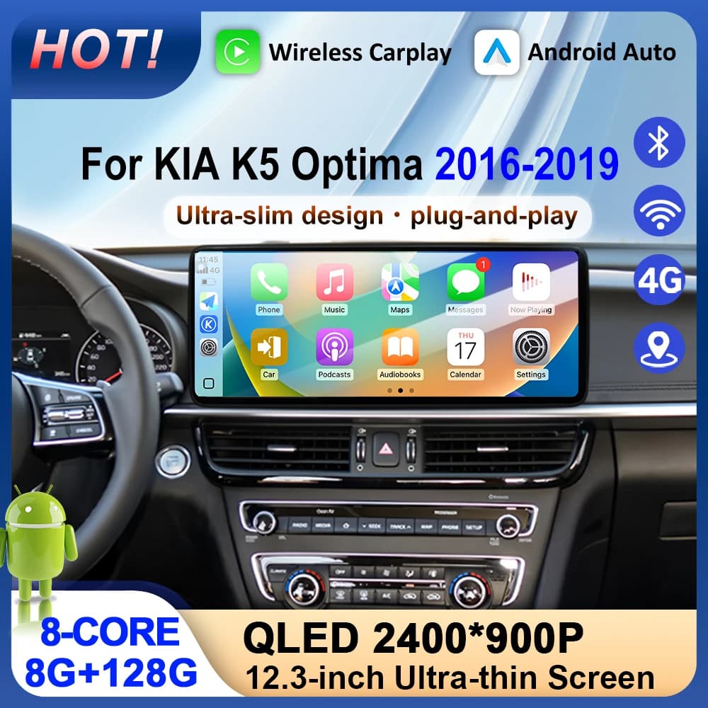 QLED Schermo Autoradio Lettore Video Multimediale di Navigazione GPS Per KIA K5 Optima 2016-2019 Android 15 Auto Carplay BT DSP 12.3