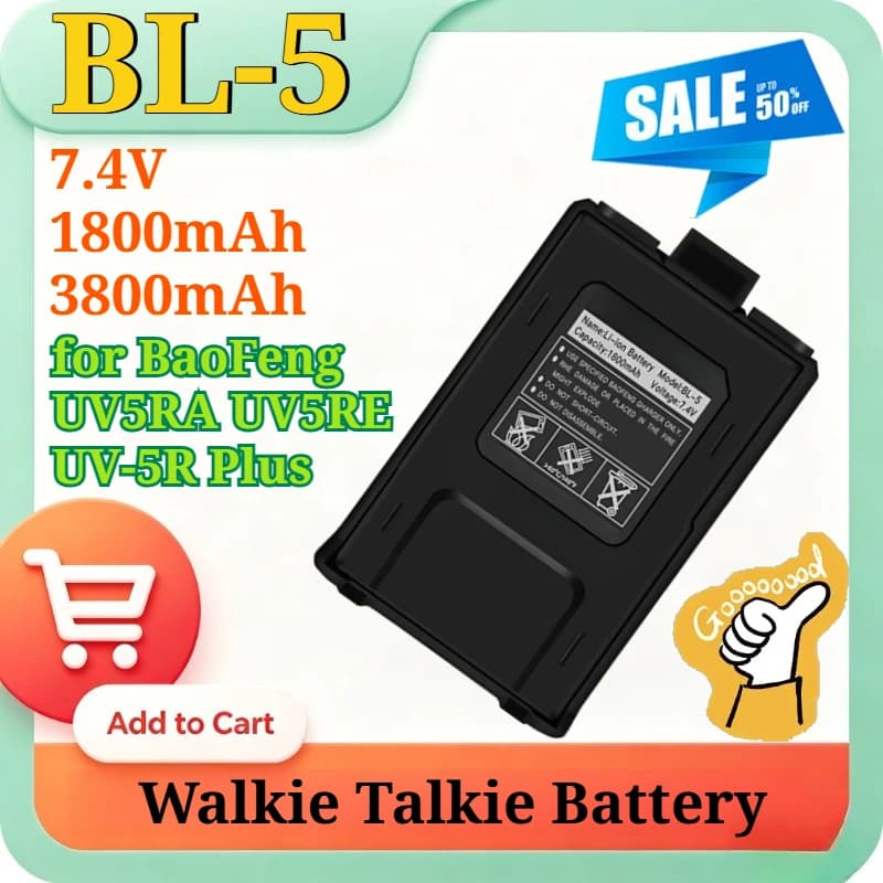 Batteria Ricaricabile Li-ion BL-5 7.4V 1800/3800mAh con Ricarica Type-C per Walkie Talkie BaoFeng UV5RA UV5RE UV-5R Plus e Accessori