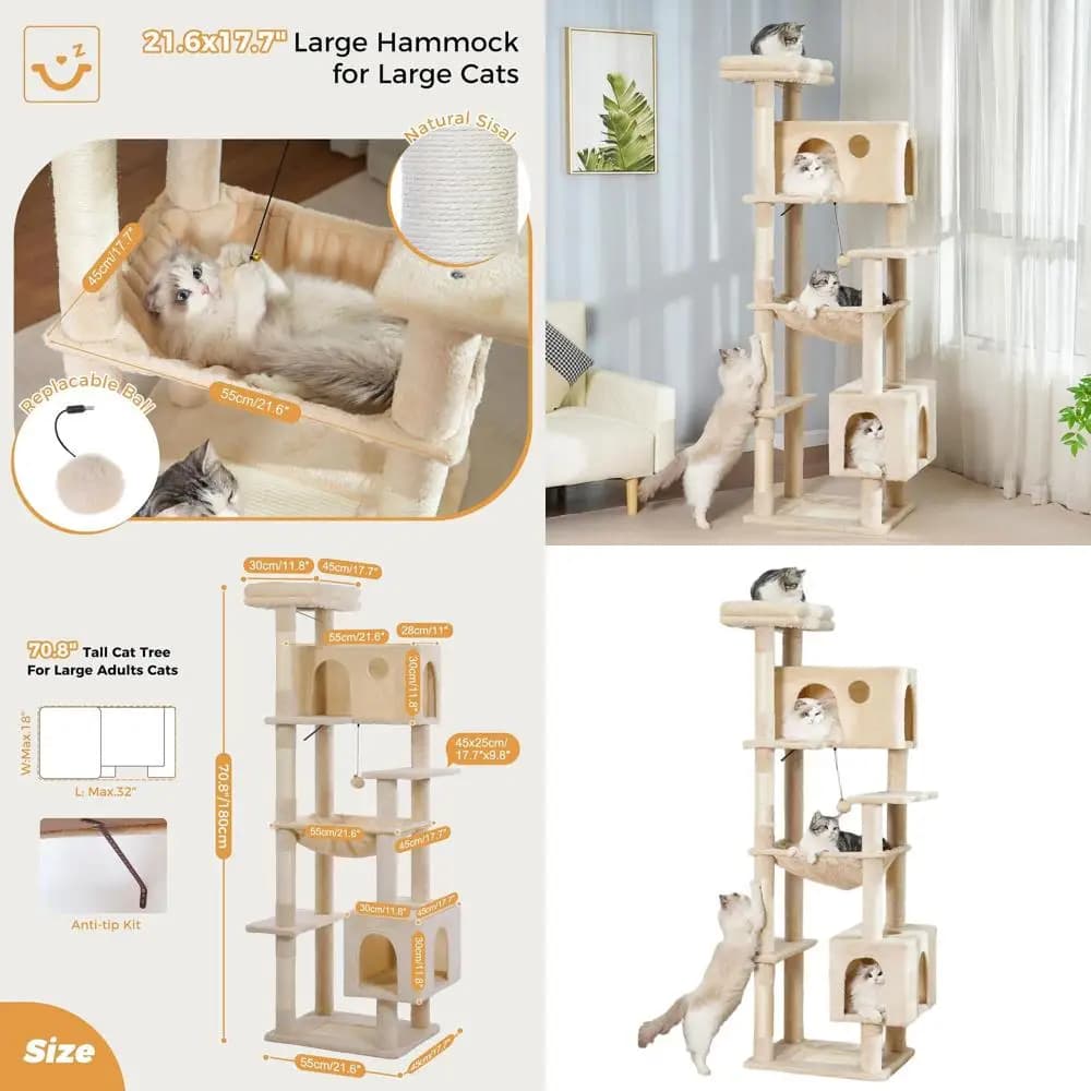 XLarge 72 Albero per gatti beige con amaca allargata e condominio spazioso per gatti di grandi dimensioni da interni