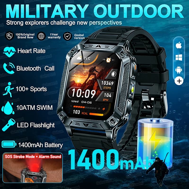 Military Smartwatch from Exterior with 1400mAh Battery, 10ATM Waterproof, GPS, Bluetooth Calls, AMOLED Display, Man Sport Watch 2026