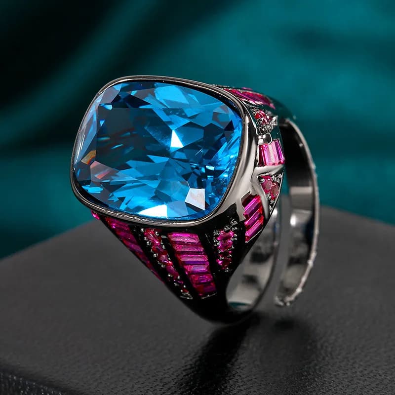 Gioielli con base in rame, placcati in oro, spinello blu, oro nero, anello vintage di lusso leggero da donna, 12*16, all'ingrosso