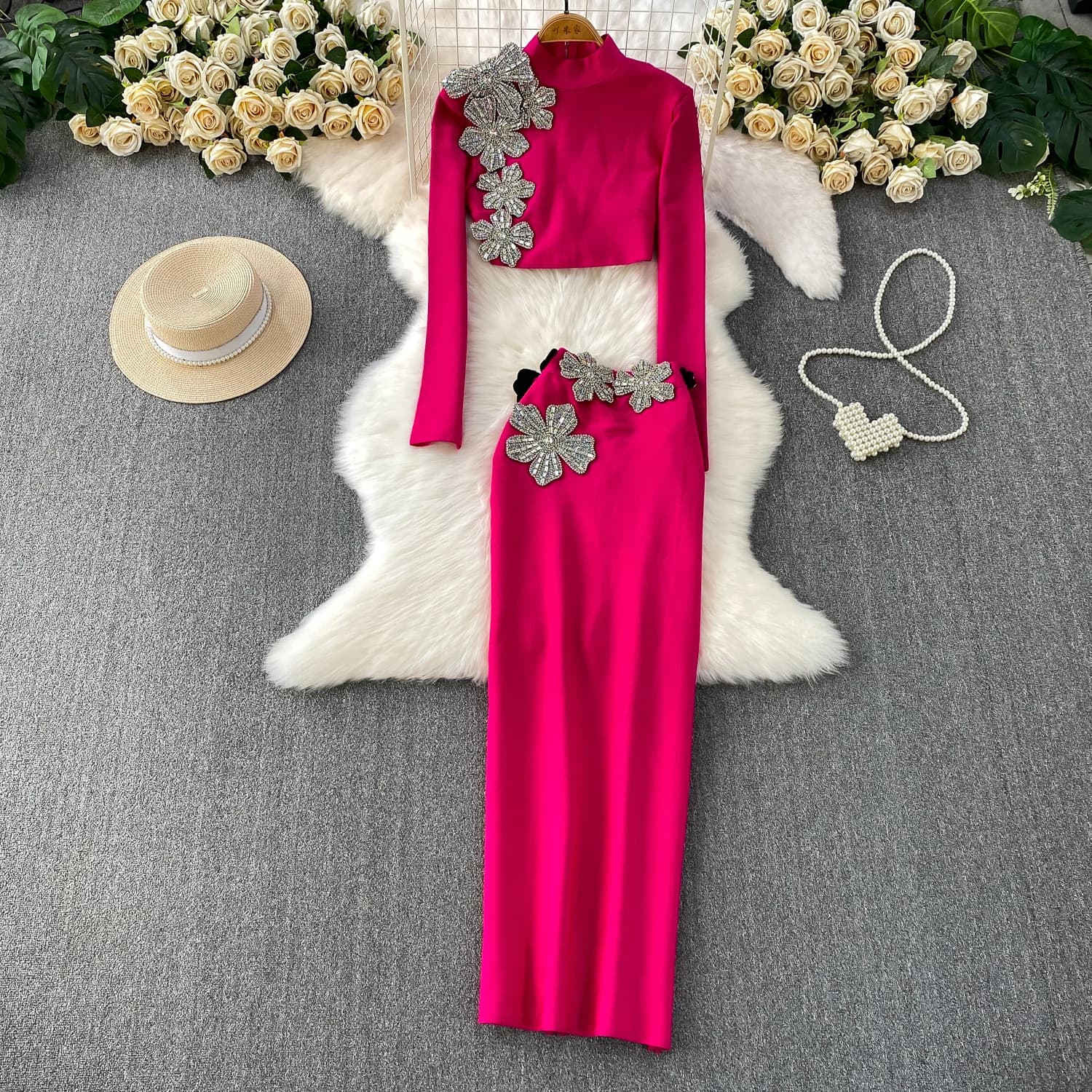 Chic Vintage floral slim Elegant High Waist Korean Fashion Vestidos Two Piece Set women clothing