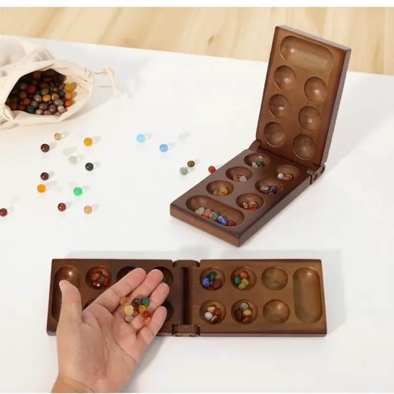 Antico Mancala Set di scacchi africani Gioco da tavolo essenziale Realizzato in legno di qualità Spettacolare granuli di pietra Divertimento per la famiglia Gioco di società