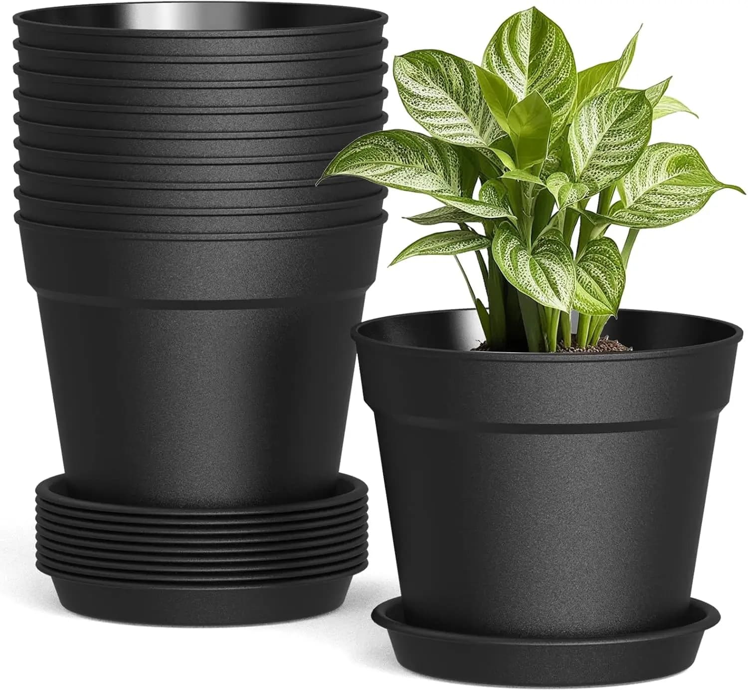 Confezione da 10 Vasi in Plastica Nera da 6 Pollici con Fori di Drenaggio e Sottovasi, Impilabili per Uso Interno ed Esterno
