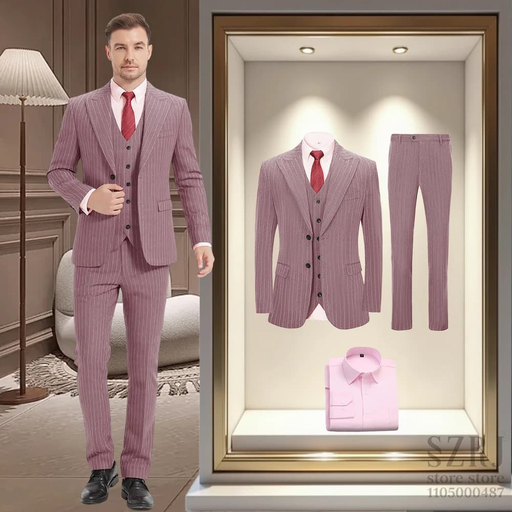 Abito da uomo a righe verticali in 4 pezzi: giacca con doppio bottone + gilet + pantaloni + camicia rosa, adatto per matrimonio/affari/abbigliamento quotidiano