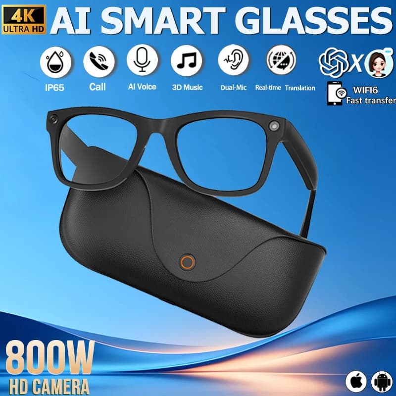 Occhiali Smart 2026 in Vera Pelle con Custodia di Ricarica da 2000 mAh, HD 8MP, Attivazione Vocale AI, Traduzione AI, Musica 3D e Chiamate BT
