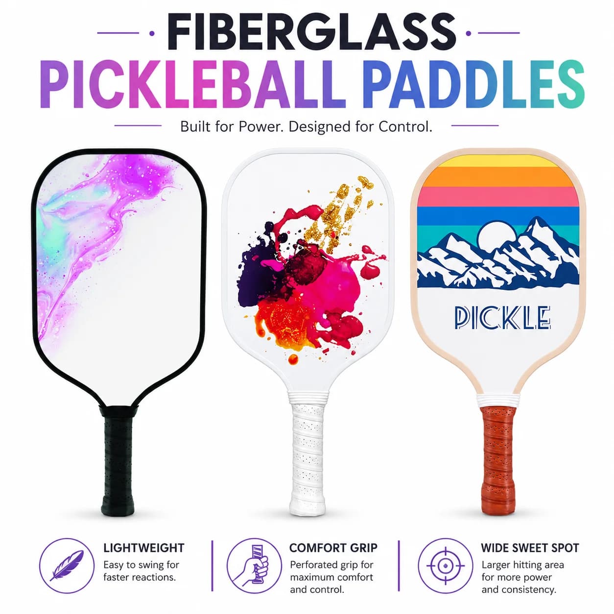Racchetta da Pickleball in Fibra di Vetro Leggera con Impugnatura Confortevole e Ampio Punto di Tiro per Uomini, Donne e Principianti, per Sport Indoor e Outdoor