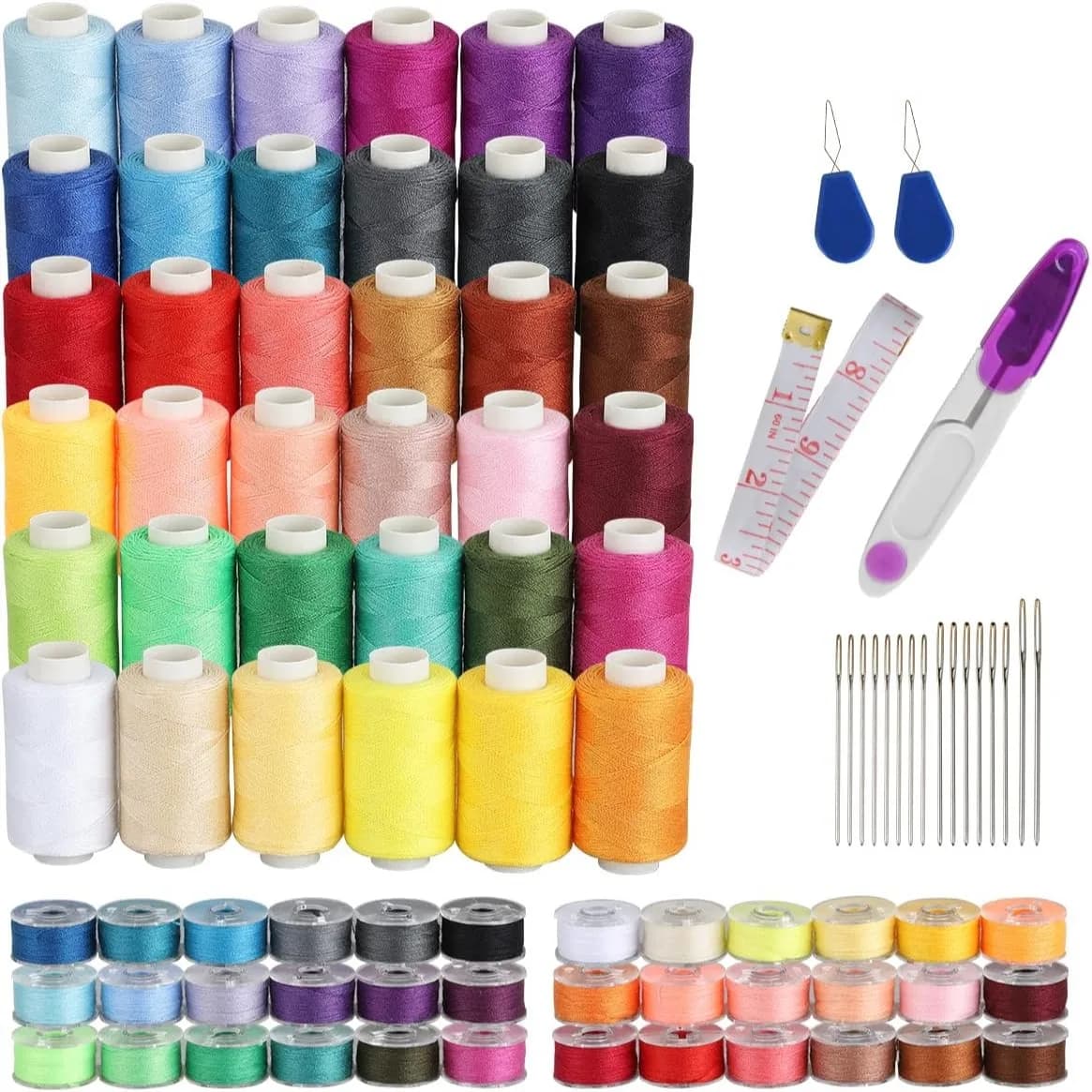 Kit di filo da cucito da 72 pezzi, bobine di filo in poliestere da 500 iarde ciascuna con aghi, infilo-filo, forbici e righello, bobine pre-avvolte in