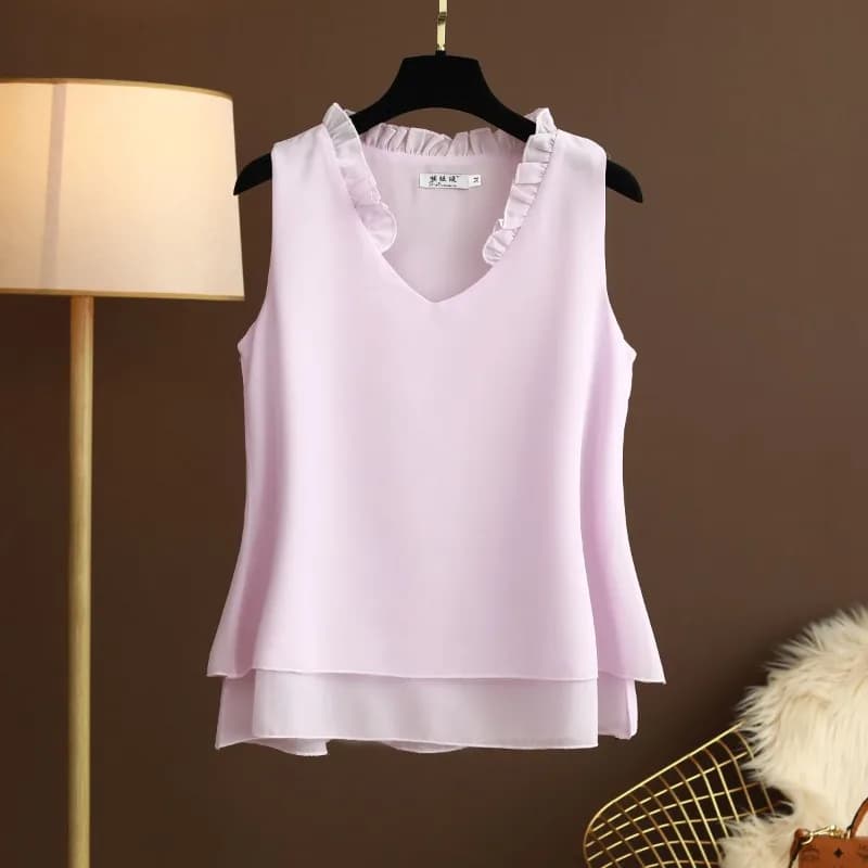Plus Size Halter Chiffon Top Sleeveless Ruffle V-Neck Loose Flowy Summer Bohemian Beach Swim Cover Up Tunic Blouse 0XL/L 5XL