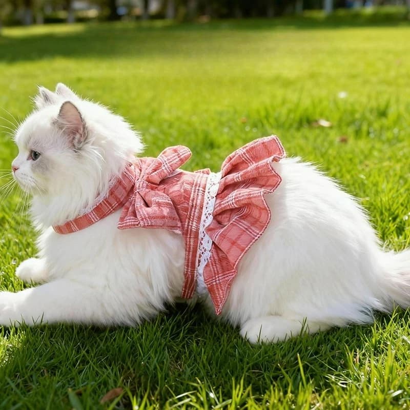 Cute Pet Dresses with Leash Traction Dog Plaid JK Dress Thin Dacron Pet Harness Skirt Adjustable Washable Dog Bow Skirt Rabbit