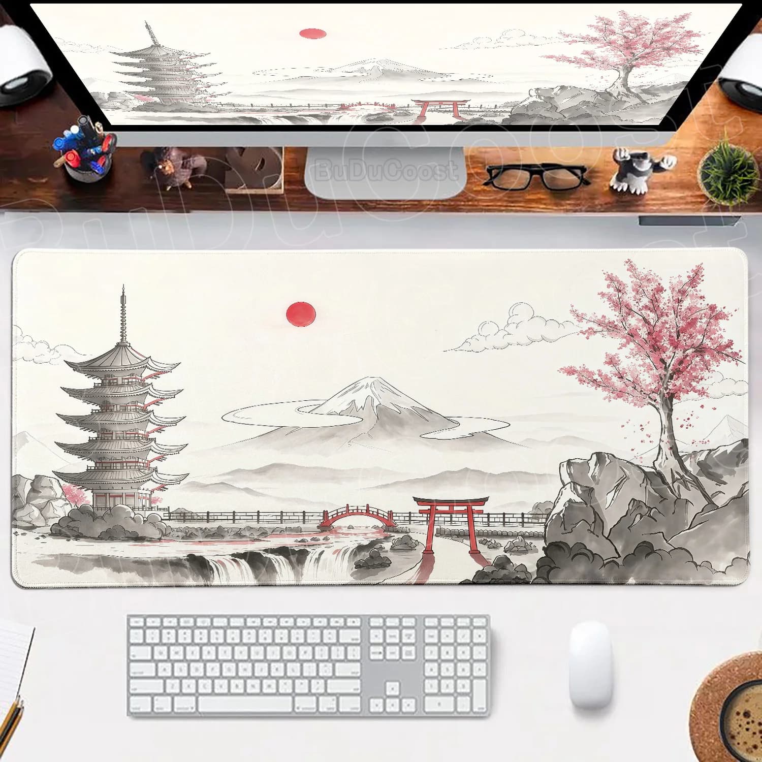 Tappetino per Tastiera da Gaming Minimalista Sakura, Grande Tappeto da Scrivania Kawaii Anime, Tappetino per Mouse Antiscivolo con Fiori di Ciliegio