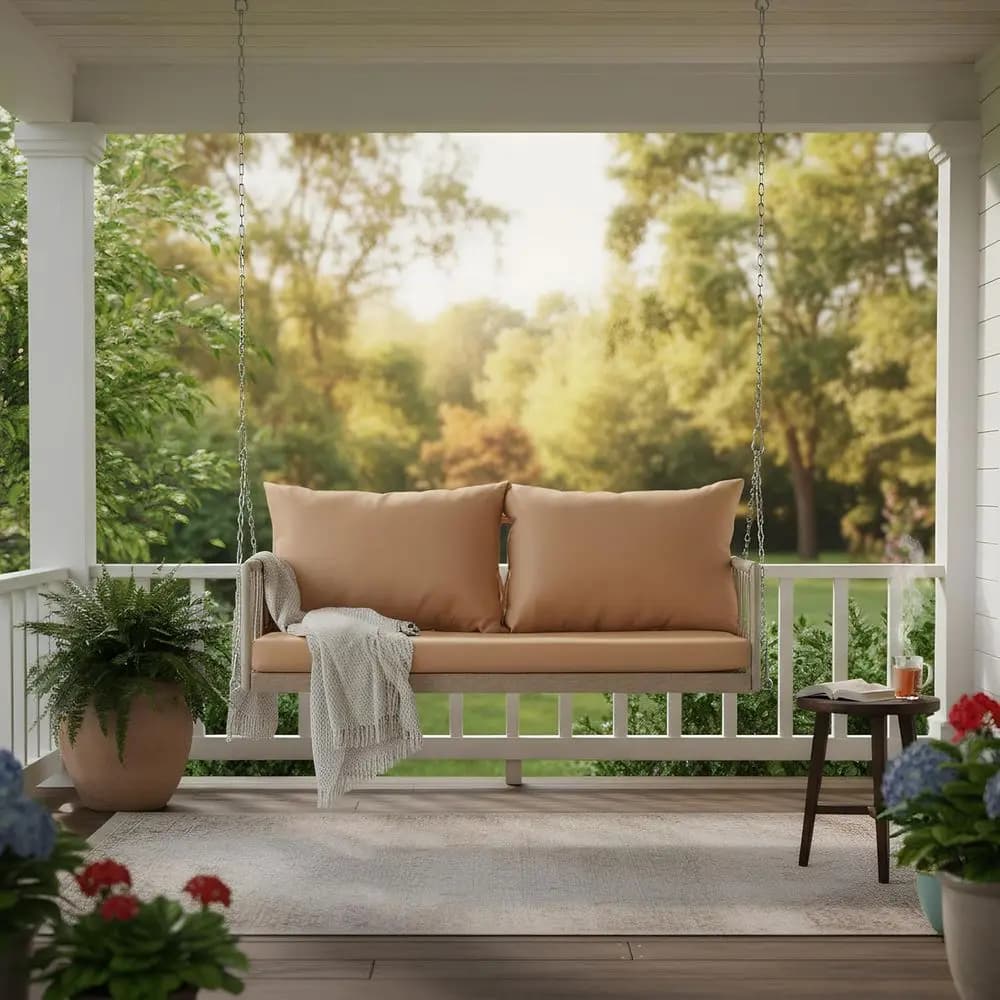 Brown Indoor/Outdoor Hanging Porch Swing Chair with Cushions for Patio or Balcony