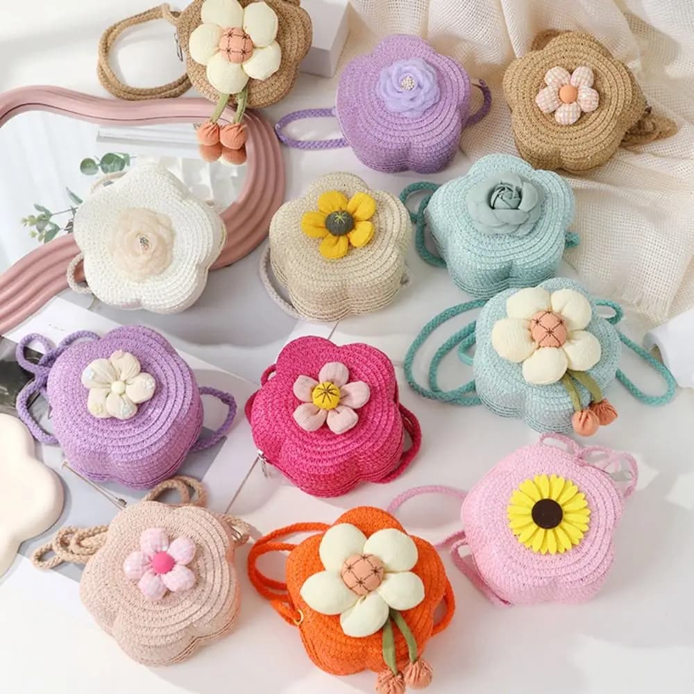 Borse a tracolla in paglia di paglia durevoli Fiore Mini Mini Portamonete Borse da principessa per bambine