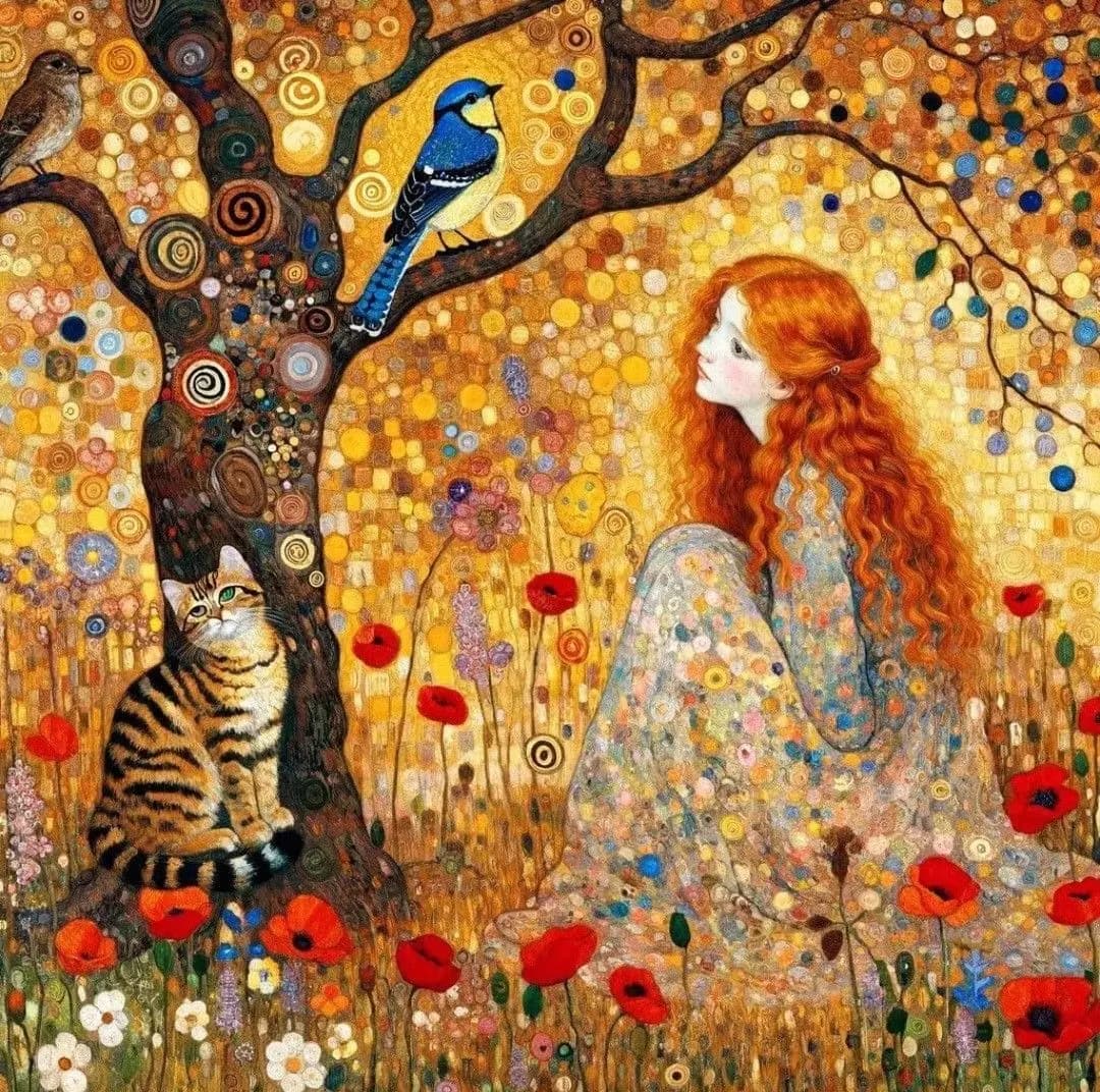DIY Red Hair Lady Tabby Cat Bird Poppy Golden Tree Art Diamond Painting Mosaic Handmade Art Exquisite Home Decoration