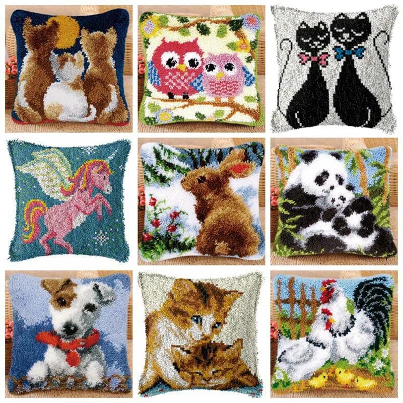 Crocheting Rug Pillowcase Latch Hook Pillow Cartoon Animals DIY Carpet Cushion Mat Cross Stitch Kits Embroidery Needlework Sets