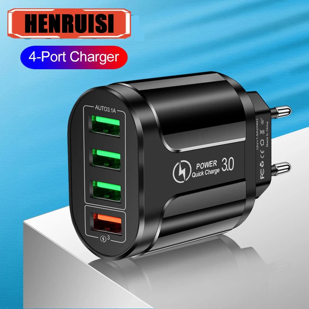 48W 4 Door USB Travel Charger, QC 3.0 Quick Charger, Wall Charger for iPhone 15 14 13 Samsung Xiaomi, Charging Adapter for Mobiles.