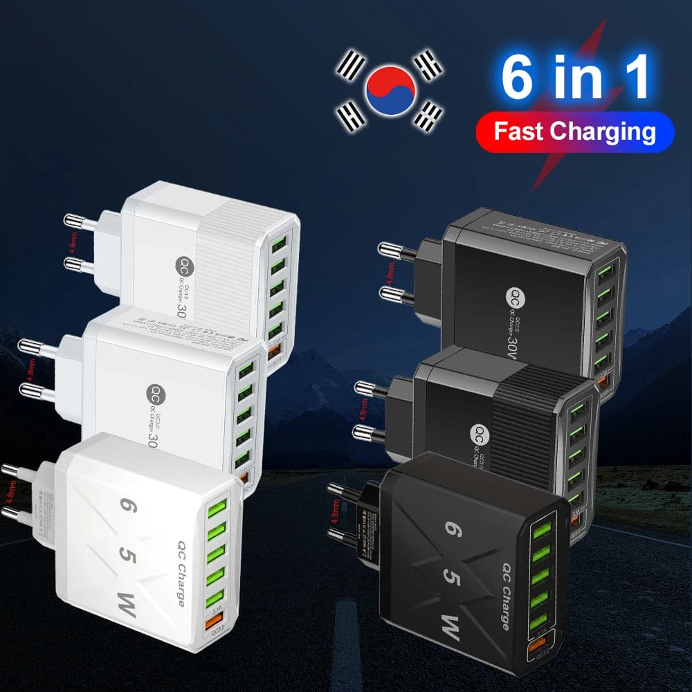 Caricatore da viaggio per telefono a ricarica rapida a 6 porte Adattatore per caricabatterie per telefono USB QC3.0 per iPhone Xiaomi Samsung KR Plug