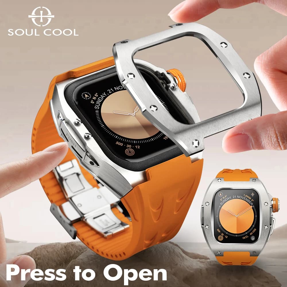 Soul Cool New for Apple Watch Series 11/10 46mm, Stainless Steel Case, Luxury Smart Accessories, Fashion, Fluororubber strap for iWatch