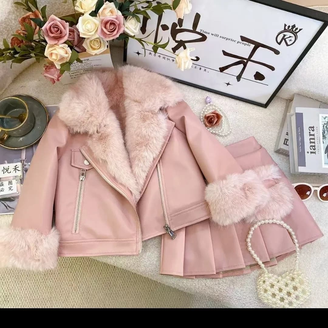 Giacca in pelle solida con risvolto caldo per ragazze e gonna a pieghe Set di abbigliamento invernale per bambini in 2 pezzi Completo per bambina