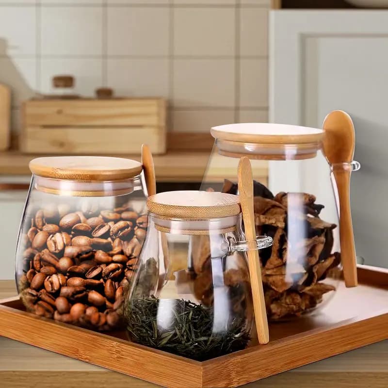 Barattolo di vetro sigillato con cucchiaio e coperchio Barattolo di spezie trasparente Piccolo contenitore per la conservazione degli alimenti Barattolo di zucchero