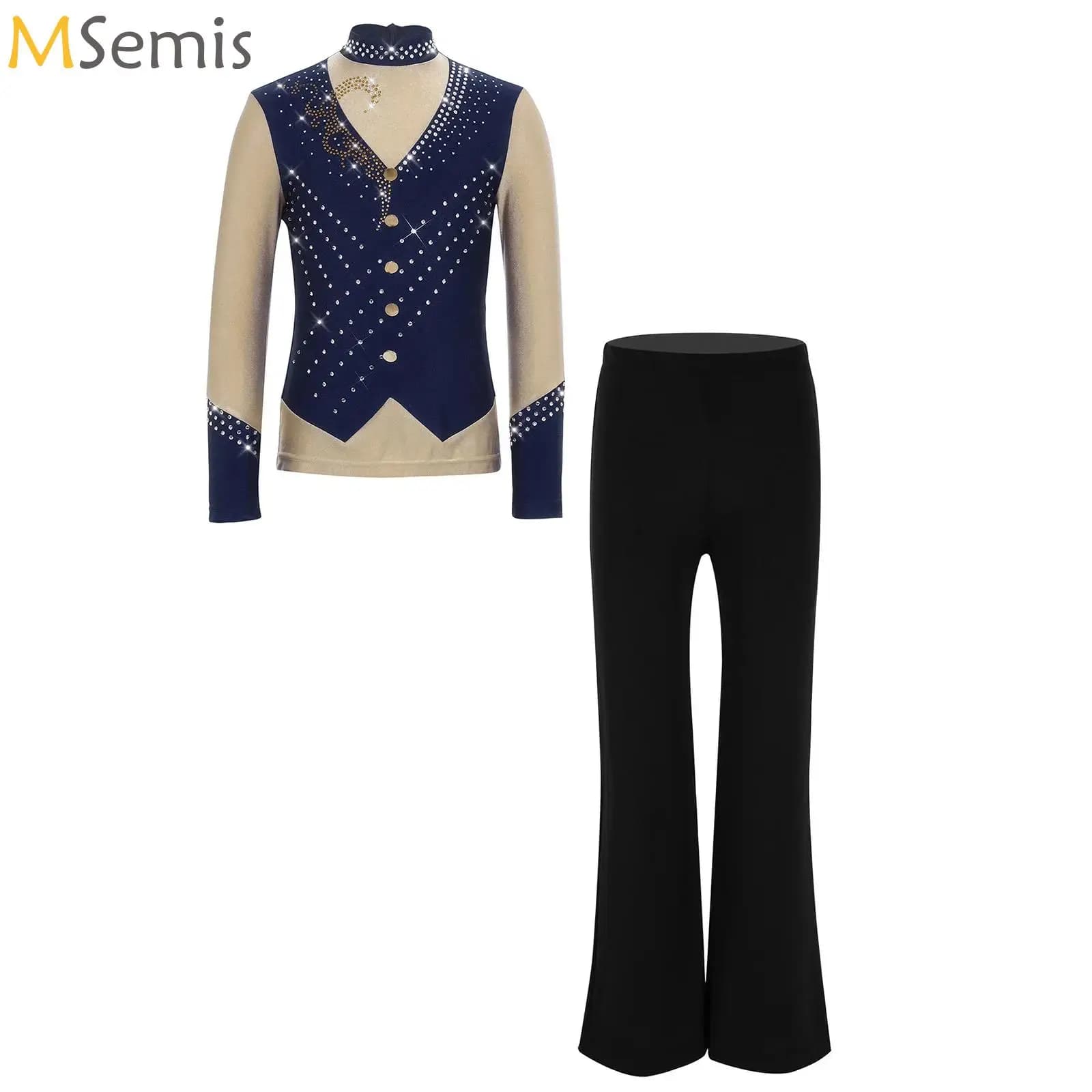 Costumi da pattinaggio artistico per bambini e ragazzi, con strass scintillanti, top a maniche lunghe a contrasto di colore e pantaloni elasticizzati a gamba larga.