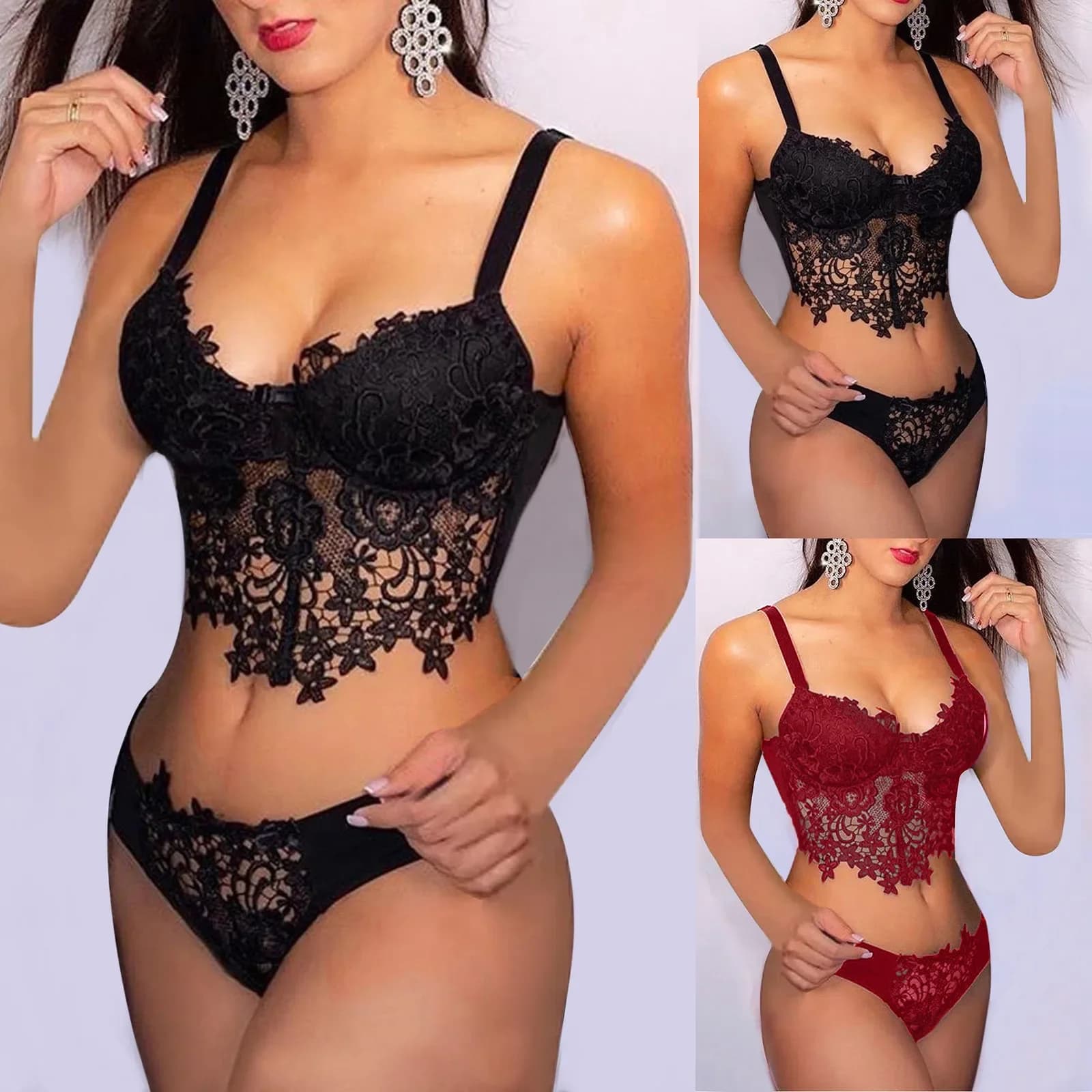 New Ultra Thin Lace Sexy Lingerie Set Hot Underwear Women Set Bra and Panty Thong Set Transparent Lace Black Open Intimates
