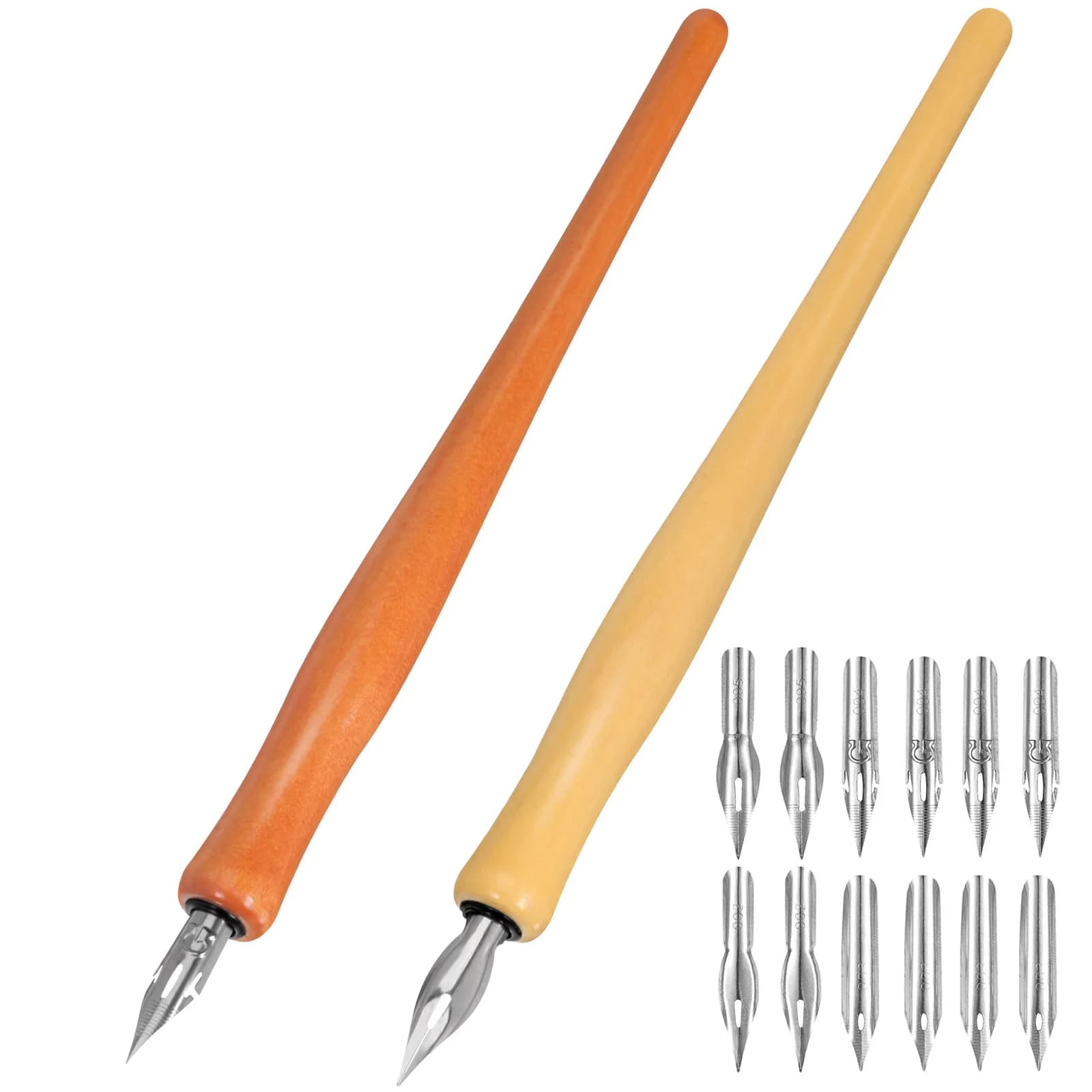 1Set Exquisite Calligraphy Dip Pen Set Solid Wood Rod Stainless Steel Gothic Nibs Bent Tip Design Stable Grip for Drawing