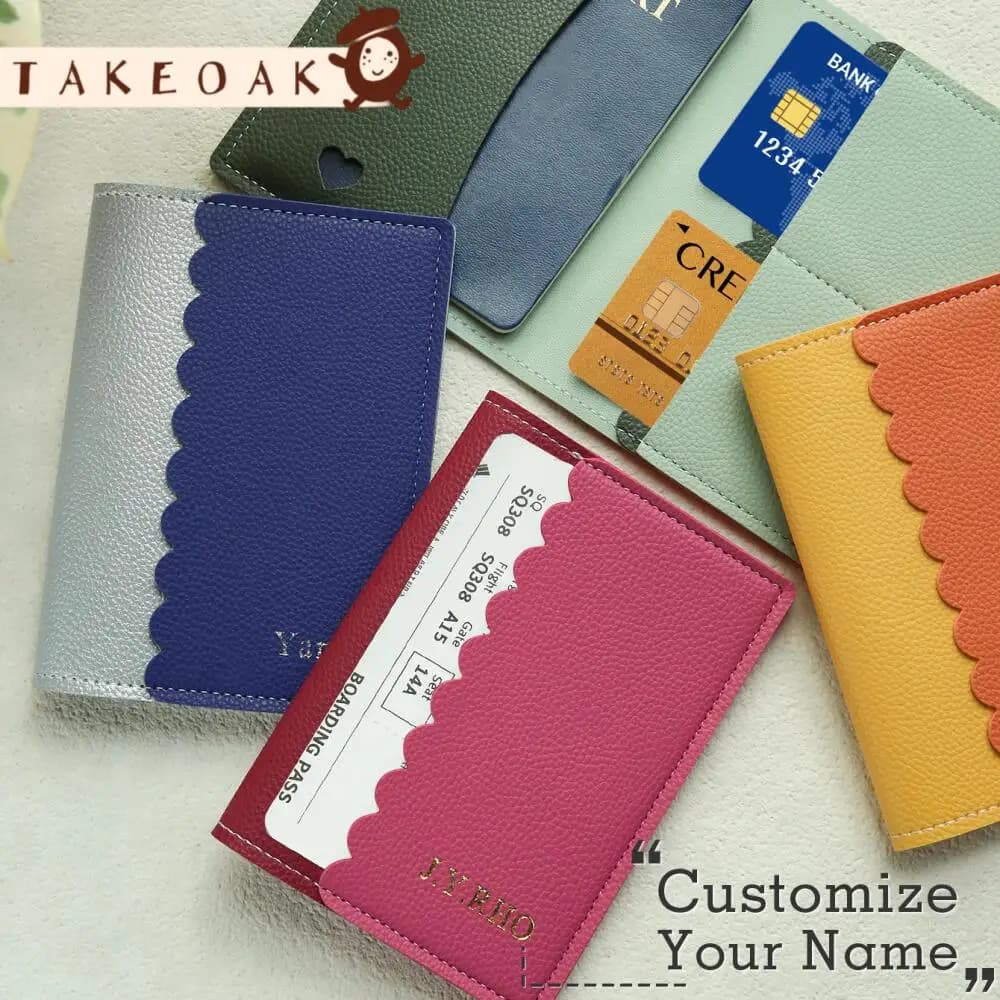 Custom Name Scalloped Edge Passport Cover Lychee Grain Pu Leather Travel Document Organizer with Multi-Card Slots Travel Gift