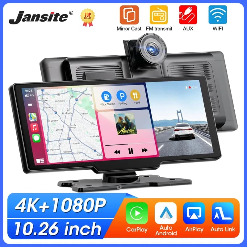 Dash Cam Portable 10.26'' with CarPlay Wireless and Android Auto, DVR Auto 4K, Video Recorder for Dashboard, Monitor Auto with GPS, FM, BT
