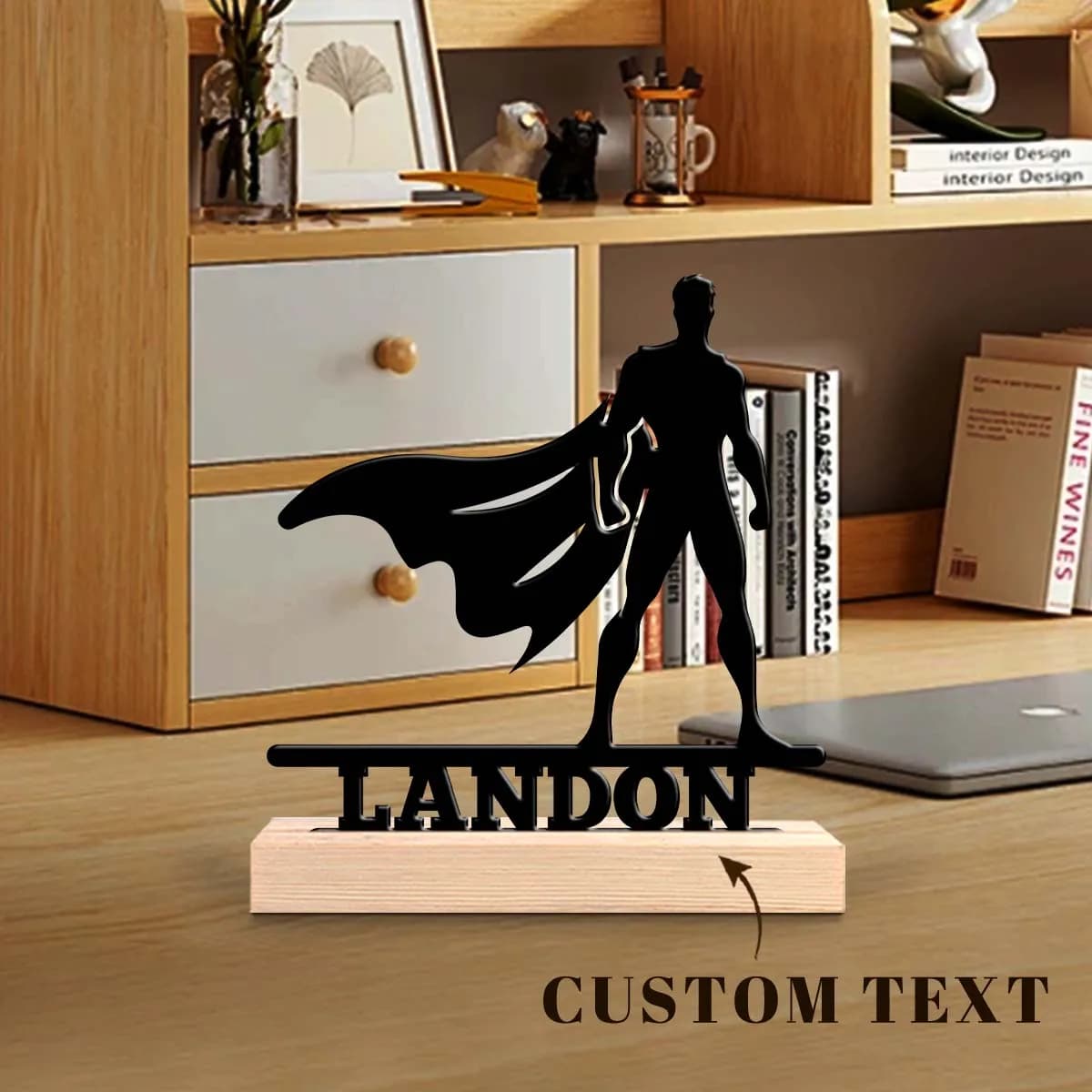1pc Personalized Iron Desktop Ornament Customizable Content Equipped with A Wooden Base Perfect for Home or Office Decoration
