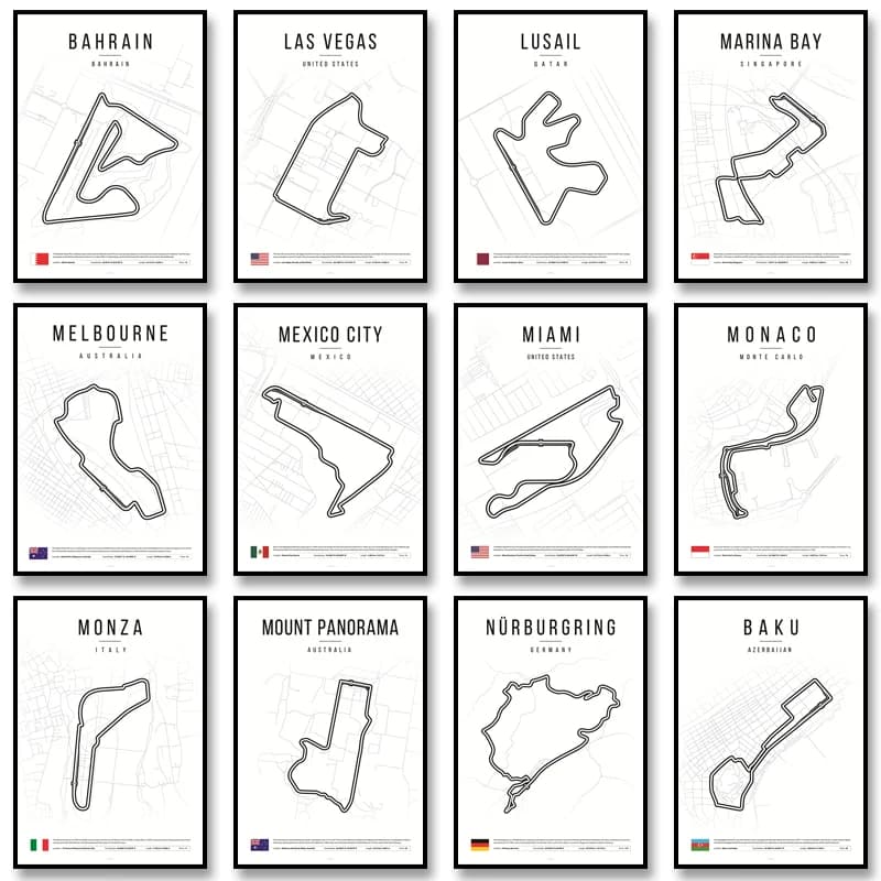 White 2025 Formula Track Poster Aesthetic Race Canvas Painting Race Track Print Wall Art Picture for Garage Home Decoration