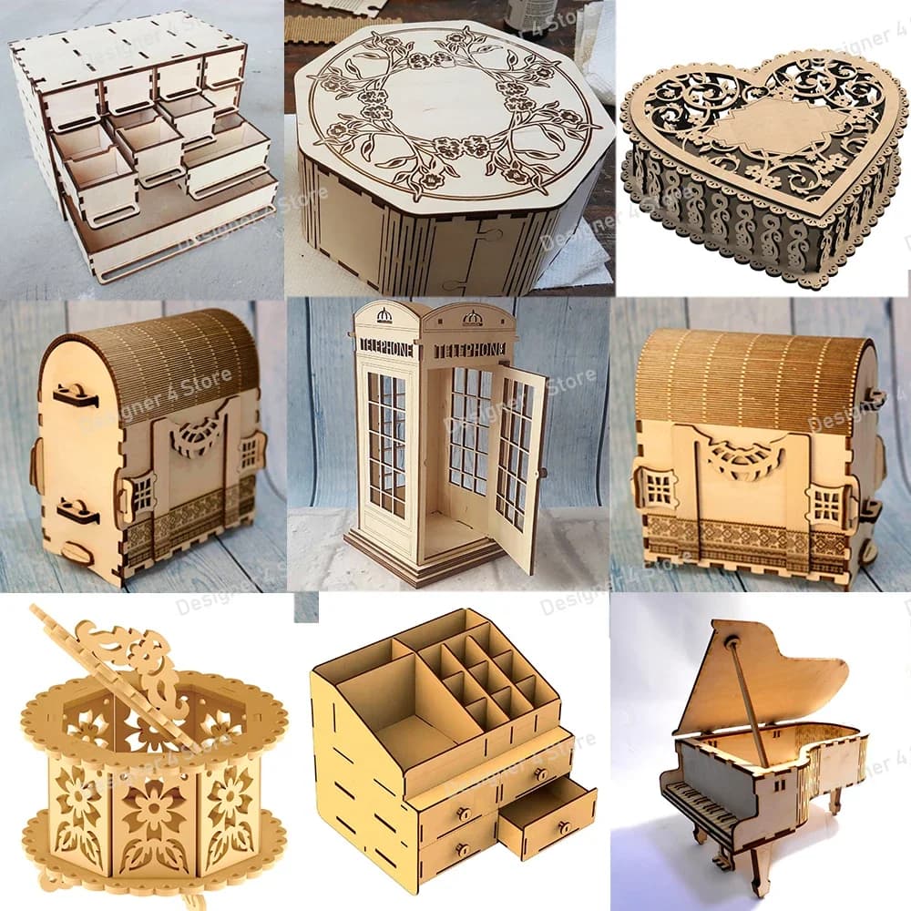 300 pz Scatole di Legno Stoccaggio Disegno Taglio Laser Design Vector CDR DXF File per Disegno Taglio Incisione CNC Taglio Laser