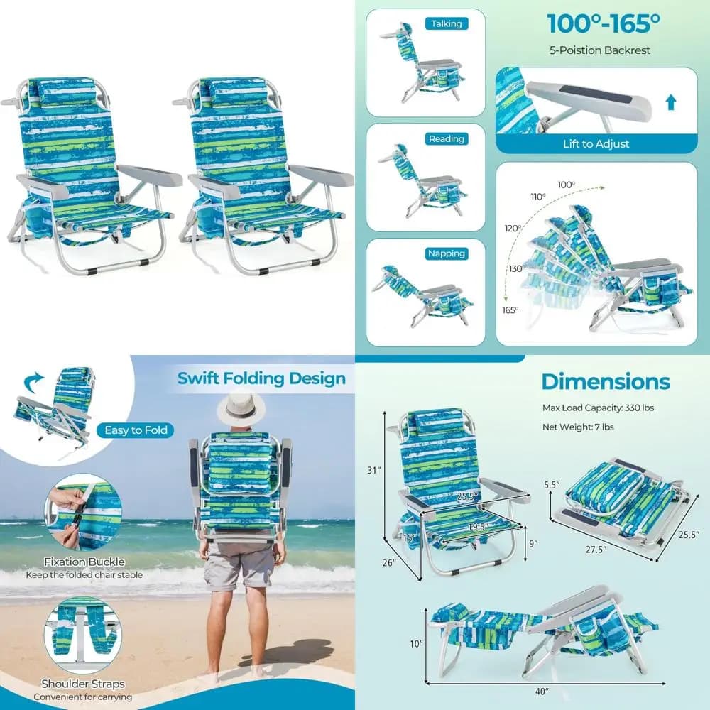 Sedie da spiaggia pieghevoli per zaino per adulti - Confezione da 2, 330 libbre, 5 posizioni, tasche portaoggetti, portasciugamani, poggiatesta, leggere e P