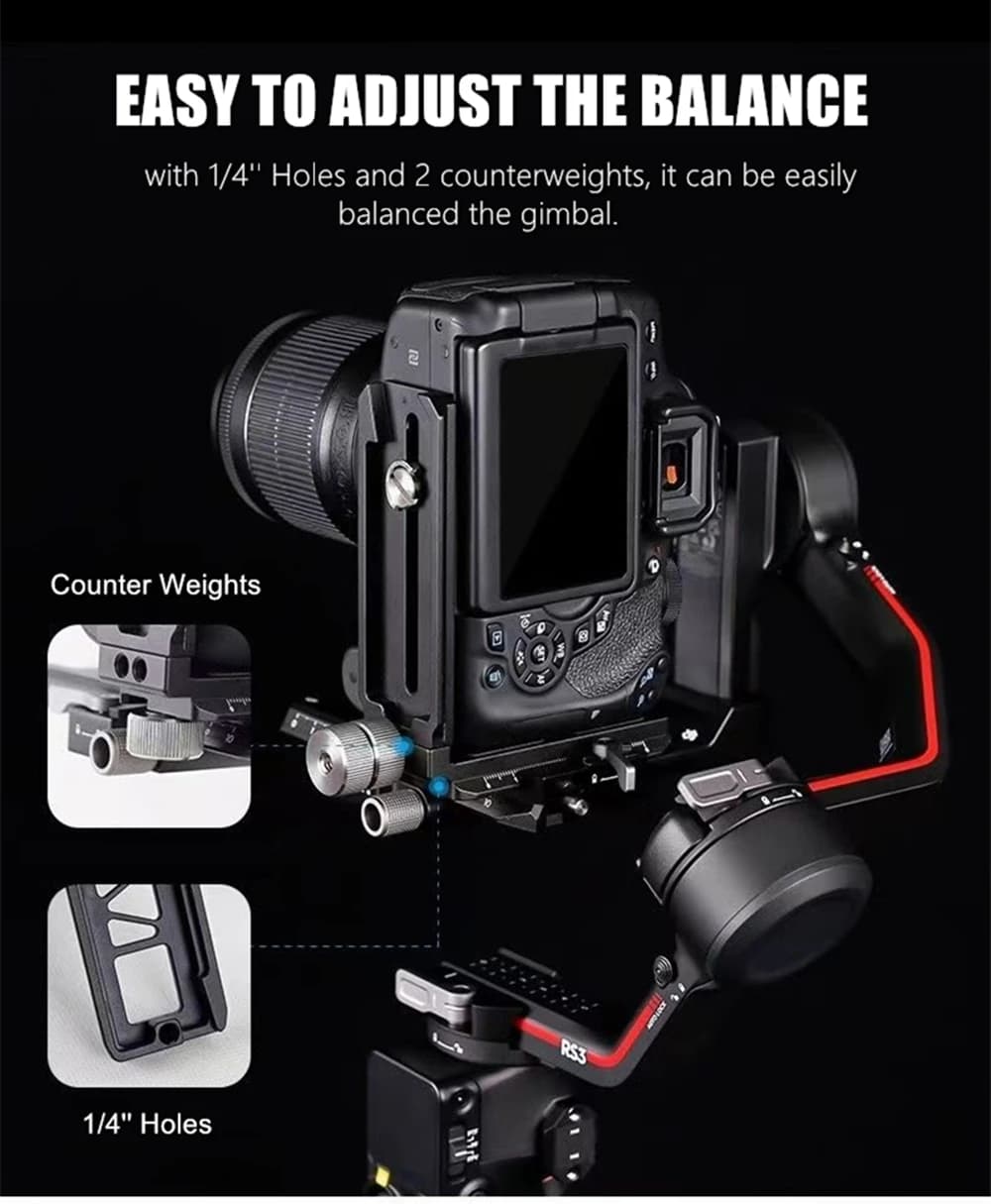 L-shaped bracket Quick release plate Support for vertical shooting for DJI Ronin RSC2 RS2 RS3 joints, with counterweights for balance