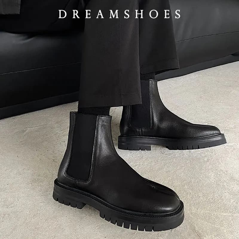 Split Toe Shoes Chelsea Boots Round Toe High Top Leather Boots Horseshoe Shoes Thick Soled Shoes
