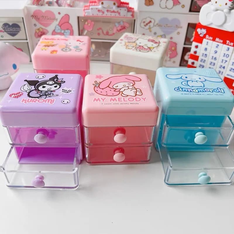 New Double Layer Drawer Storage Box Kt My Melody Kuromi Cinnamoroll Jewelry Bead Chain Stationery Organizer For Girls