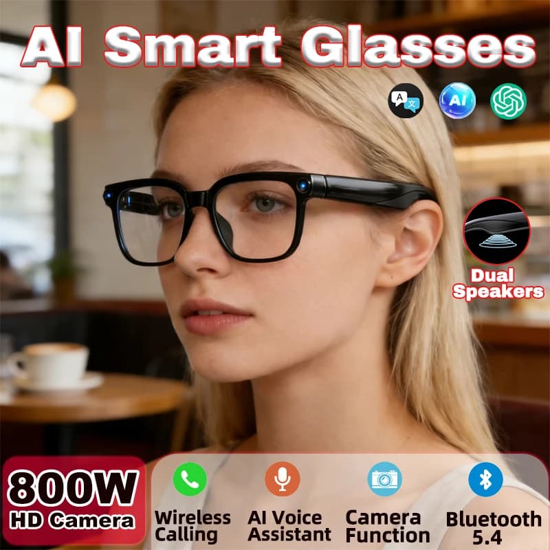 Occhiali Smart con Fotocamera da 800W Pixel, Comunicazione Wireless, Doppi Altoparlanti, Traduzione AI, Assistente Vocale, Bluetooth 5.4