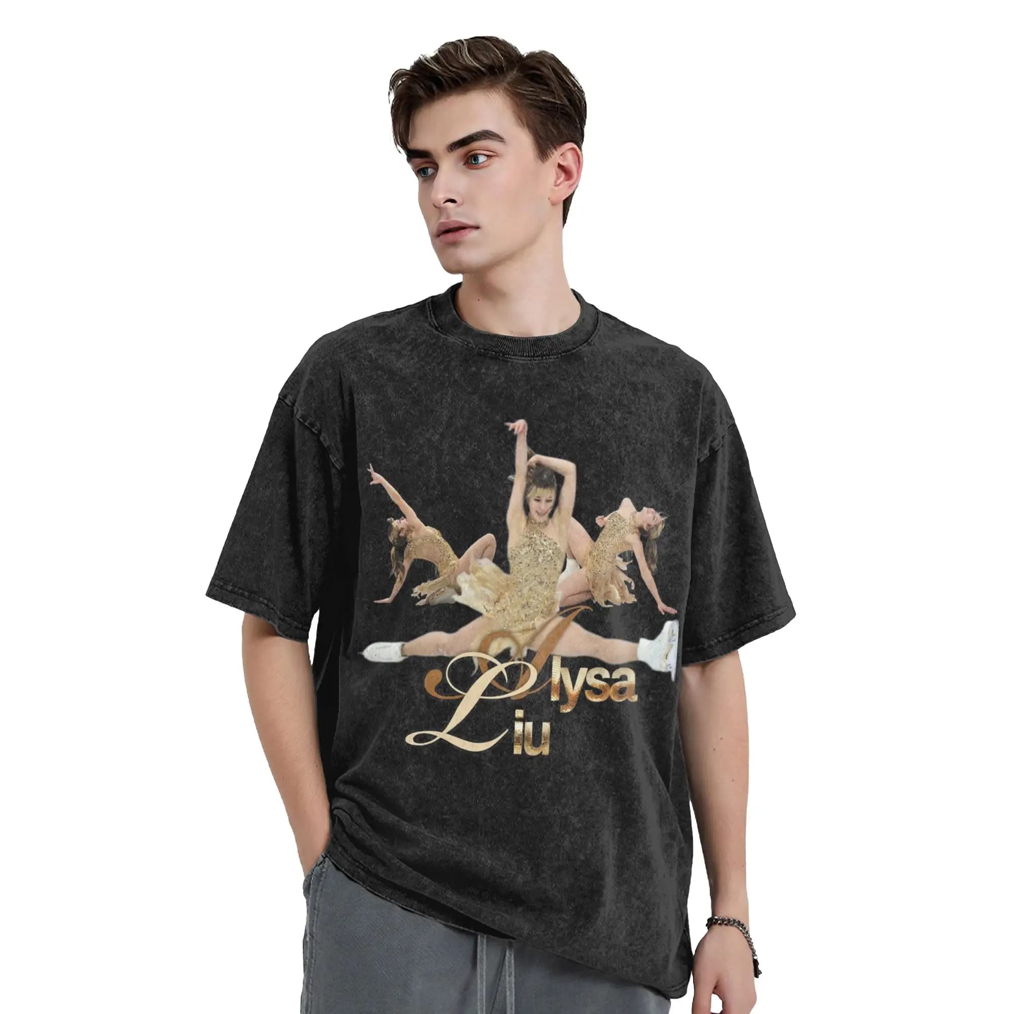 T-Shirt Lavata Stile Vintage Hip Hop con Stampa Alysa Liu Figure Ice Skating, 100% Cotone, per Uomo e Donna