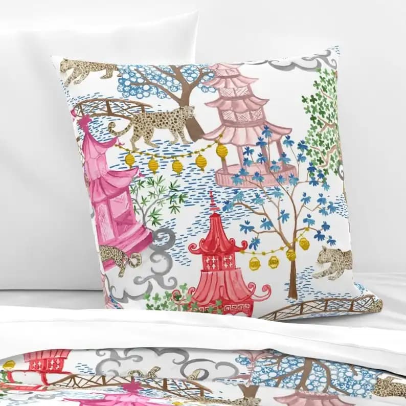 Chinoiserie Bedding - Pagoda Leopards Pillow Cover Shams,Pink Red Pagoda Leopard Botanical Scene Sofa Cushion Cover