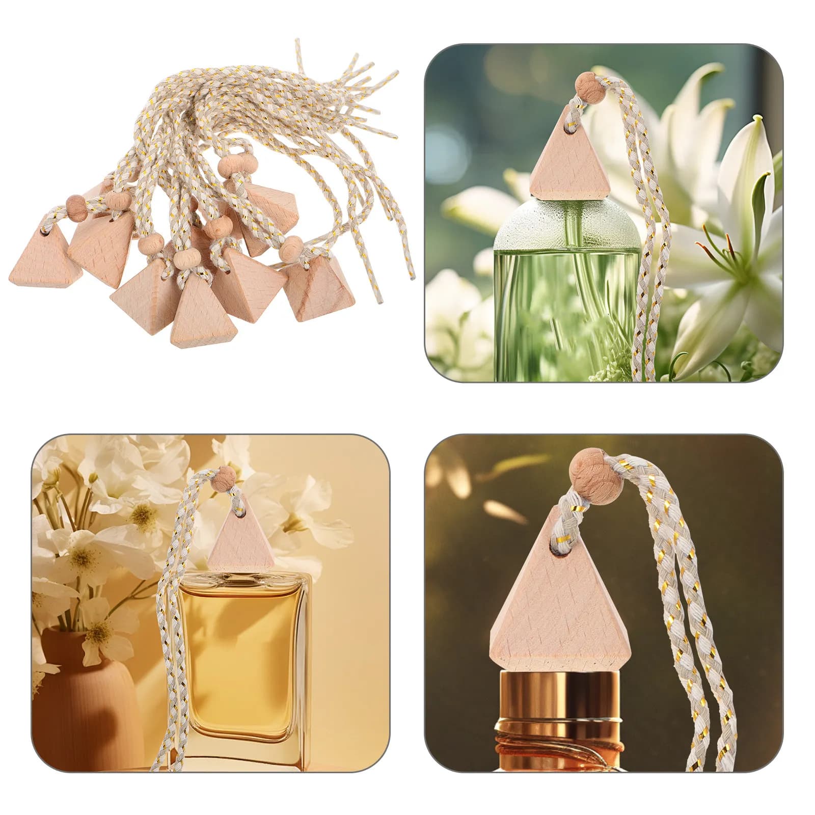 10Pcs Beech Wood Triangle Essential Oil Diffuser Caps Car Hanging Perfume Bottle Stoppers String Pendant Aromatherapy Car Decor
