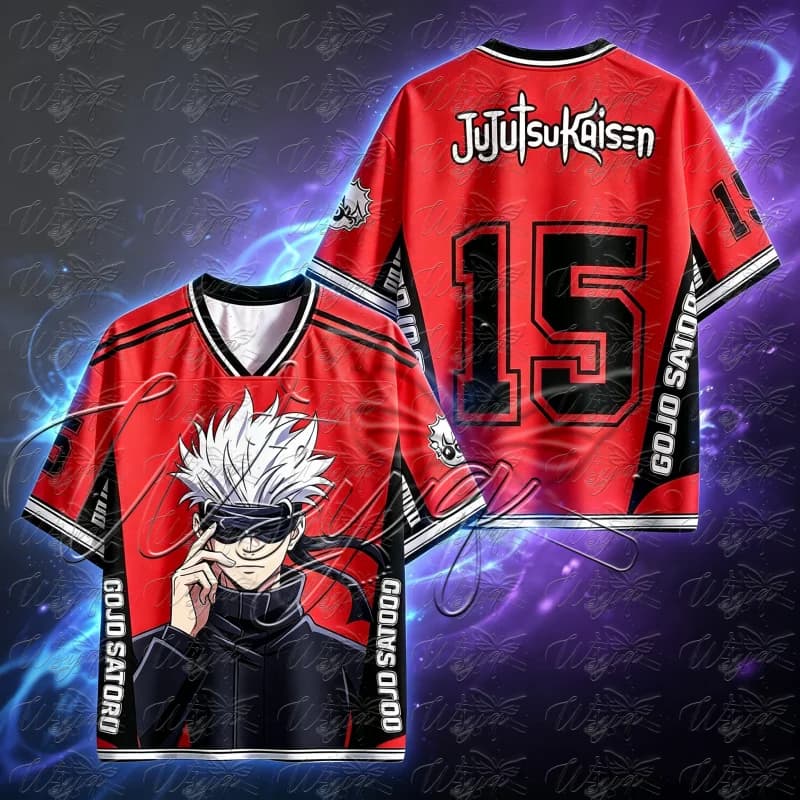 Jujutsu Kaisen Gojo Satoru Printed V Neck Sports T Shirt Summer No.15 Back Print Short Sleeve Unisex Anime Street Casual Tee Y2k
